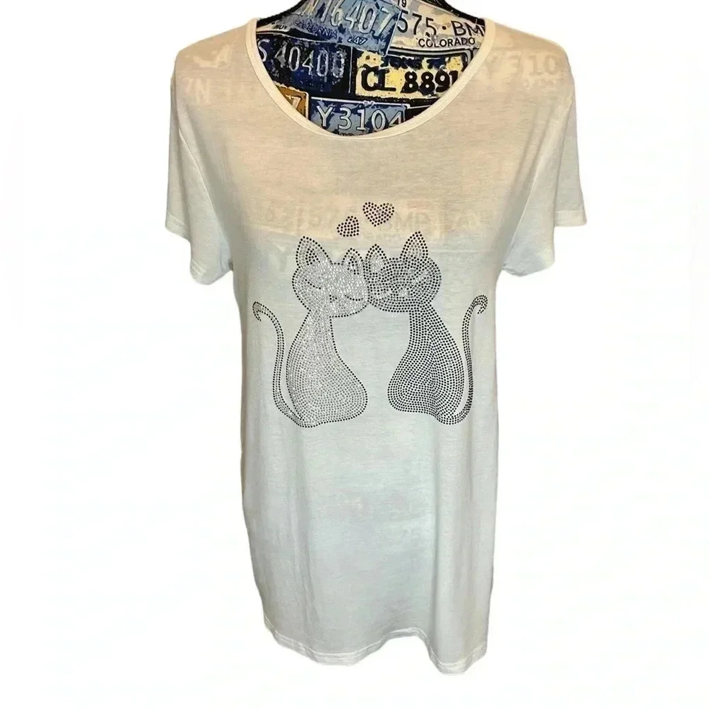 Julia Brand Bejeweled Loving Cats Tee Shirt Size L/XL - Picture 1 of 9